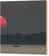 Red Sun At Sunset At Sea With Fishing Boat Wood Print