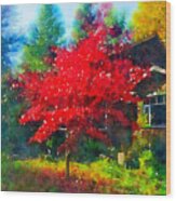Red Tree Wood Print
