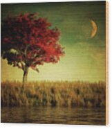 Red Tree With Moonrise Wood Print