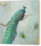 Regal Peacock 1 On Tree Branch W Feathers Gold Leaf Wood Print
