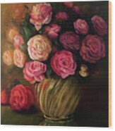 Roses In Brass Bowl Wood Print