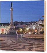 Rossio Square By Night In Lisbon Wood Print