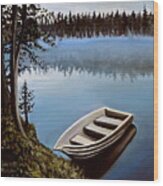 Row Boat In The Fog Wood Print