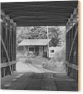 Rural Indiana Through A Covered Bridge Black And White Wood Print