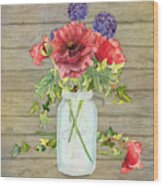 Rustic Country Red Poppy W Alium N Ivy In A Mason Jar Bouquet On Wooden Fence Wood Print