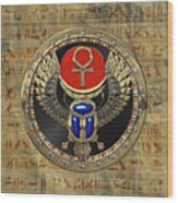 Sacred Egyptian Winged Scarab With Ankh In Gold And Gems Over Papyrus Covered With Hieroglyphics Wood Print