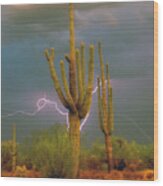 Saguaro Lightning Arizona Wood Print