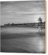 San Clemente Pier Sunset Black And White Photography Wood Print