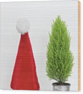 Santa Hat And Little Christmas Tree Wood Print
