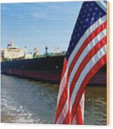 Savannah Georgia Container Ship And Us Flag Wood Print