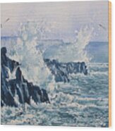 Sea, Splashes And Gulls Wood Print