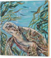 Sea Turtle And Red Coral Wood Print