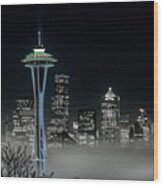 Seattle Foggy Night Lights In Bw Wood Print