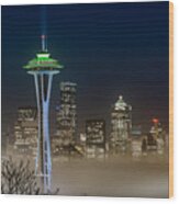 Seattle Foggy Night Lights Wood Print