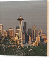 Seattle Skyline And Mount Rainier At Sunset Wood Print