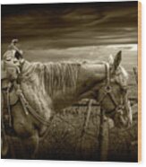 Sepia Tone Of Back At The Ranch Saddle Horse Wood Print