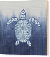 Shibori Blue 1 - Patterned Sea Turtle Over Indigo Ombre Wash Wood Print