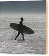 Silhouette Surfer At Beach Wood Print