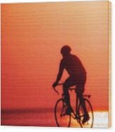 Silhouetted Bike Rider Sunrise Chicago Lake Front Wood Print