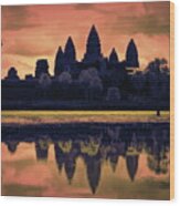 Silhouettes Angkor Wat Cambodia Mixed Media Wood Print