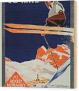 Skiing On The Alps In Cortina - Ice Hockey Tournament - Vintage Advertising Poster Wood Print