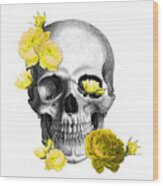 Skull Yellow Roses Wood Print