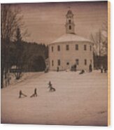 Sledding At The Vermont Round Church Wood Print