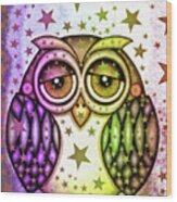 Sleepy Owl With Stars Wood Print
