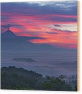 Smoking Volcano And Borobudur Temple Wood Print