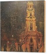 Snowfall In Cathedral Square - Milwaukee Wood Print