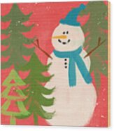 Snowman In Blue Hat- Art By Linda Woods Wood Print