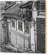 South Korean Hanok Street Bw Wood Print