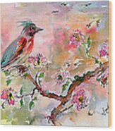 Spring Bird Fantasy Watercolor Wood Print