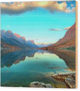St Mary Lake Clouds And Calm Water Wood Print