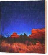 Starry Sky Over Bell Rock In Sedona Az Arizona Painterly Wood Print