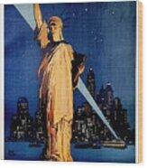 Statue Of Liberty At Night - New York City Vintage Poster Wood Print