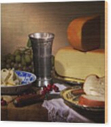 Still Life With Cheeses And Pewter Cup Wood Print