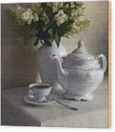 Still Life With White Tea Set And Bouquet Of White Flowers Wood Print