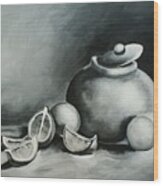 Study Of Lemons, Oranges And Covered Jug In Black And White Wood Print