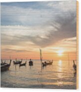 Stunning Sunset Over Wooden Boats In Koh Lanta In Thailand Wood Print