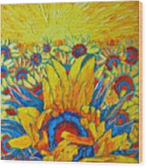 Sunflowers Field In Sunrise Light Wood Print