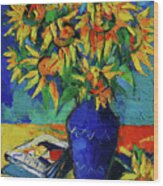 Sunflowers In Blue Vase Wood Print