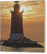 Sunset At Delaware Breakwater Light Wood Print