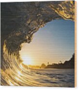 Sunset Barrel Wave On Beach Wood Print