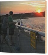 Sunset Fishing Off The Bridge Wood Print