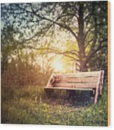 Sunset On A Wooden Bench Wood Print