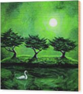 Swan In An Emerald Lake Wood Print