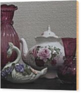 Tea Pot And Cranberry Glass Wood Print