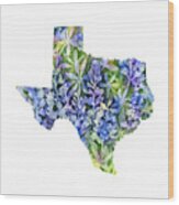 Texas Blue Texas Map On White Wood Print