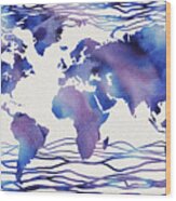The Blue Wave Watercolor World Map Wood Print